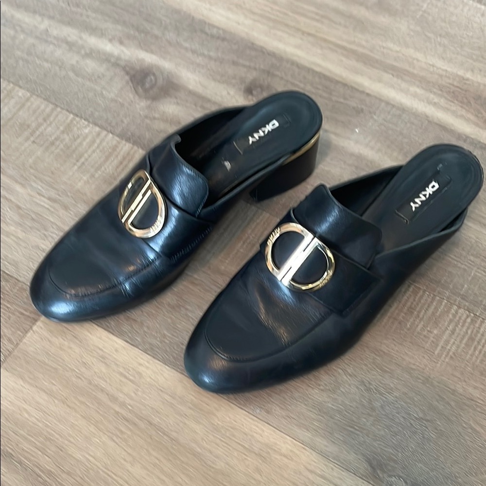 DKNY black heeled mules